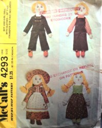 4293  McCalls 1974 20'' BOY, GIRL RAG DOLL,CLOTHES PATTERN uncut